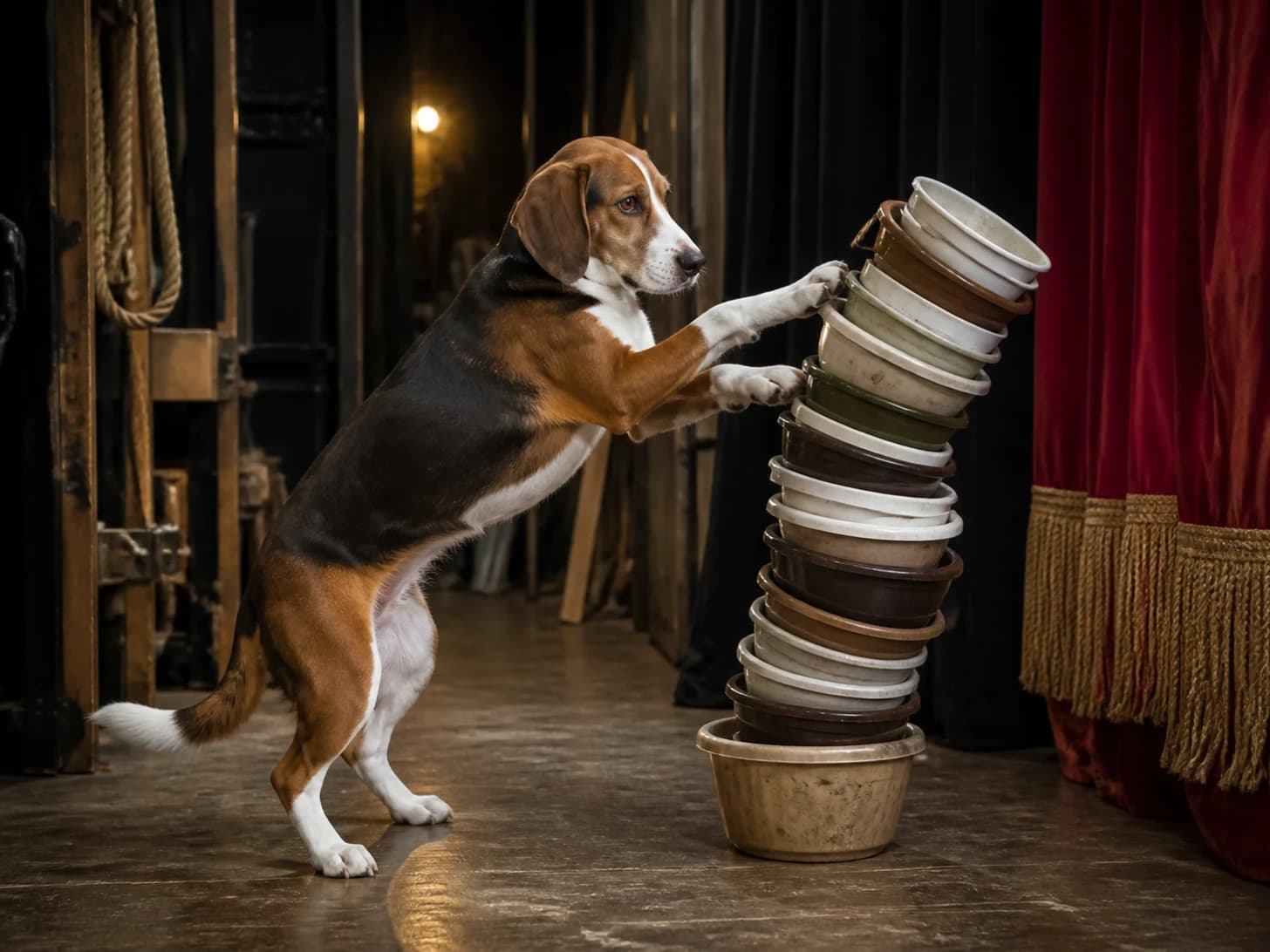 Custard II was promoted to stage manager during a curtain emergency; unfortunately, a stack of empty bowls wobbles dangerously.