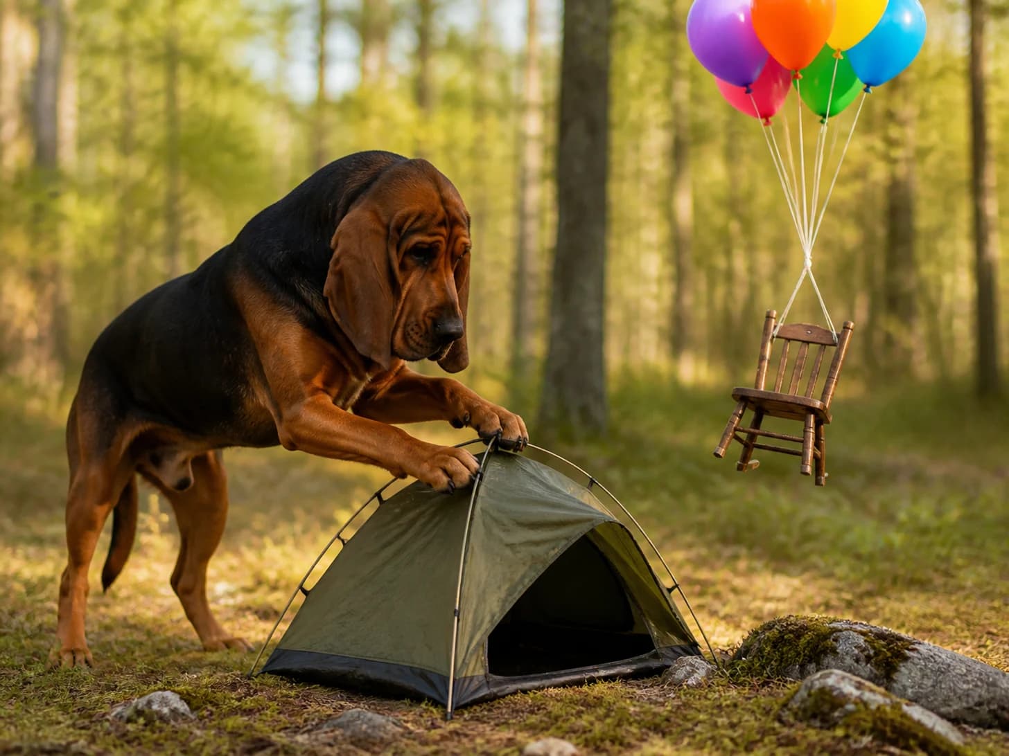 Basil II was promoted to camping guide assembling a tent much too small; unfortunately, a balloon bouquet pulls a tiny chair upward.