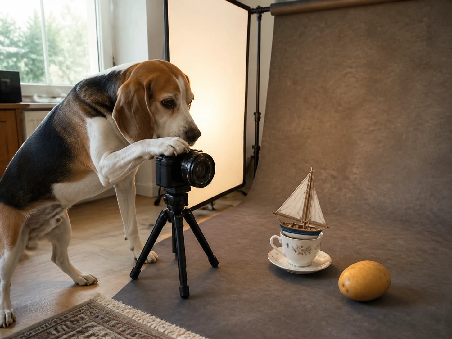 Pierogi was promoted to photographer arranging a portrait of one potato; unfortunately, a model sailboat becomes stranded in a teacup.