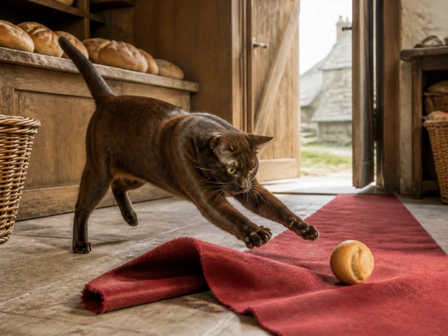 Primrose was promoted to baker guarding a runaway bread roll; unfortunately, a tiny red carpet refuses to lie flat.