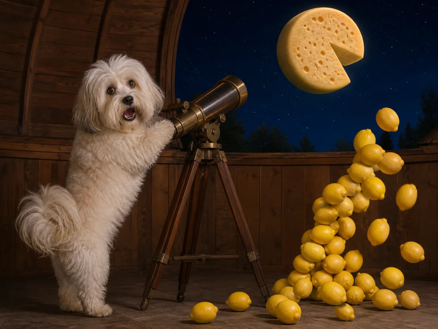 Rosemary III was promoted to astronomer discovering that the moon is a cheese wheel; unfortunately, a tower of lemons begins to collapse.