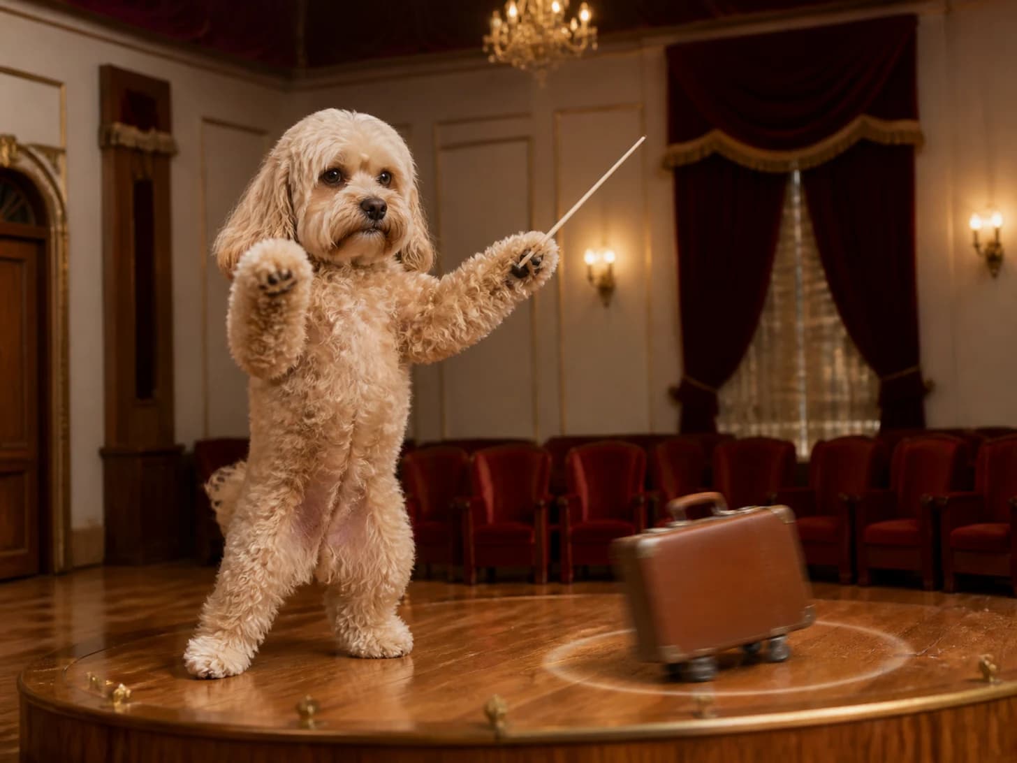 Pudding was promoted to stern orchestra conductor; unfortunately, one toy suitcase circles endlessly.