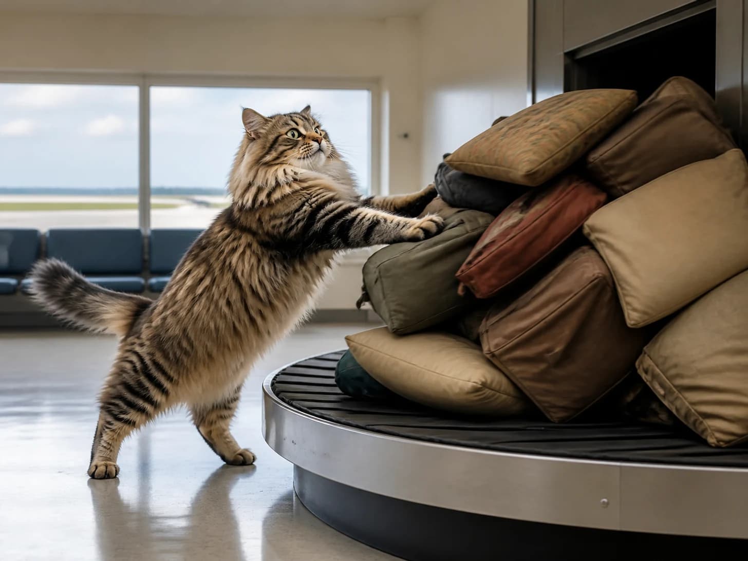 Truffle was promoted to overwhelmed airport baggage manager; unfortunately, a pile of cushions slowly topples.