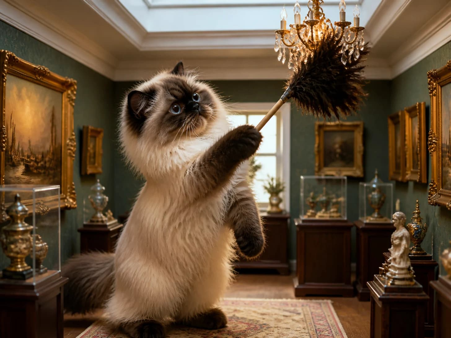 Linnet III was promoted to meticulous museum curator; unfortunately, a feather duster gets stuck in a tiny chandelier.