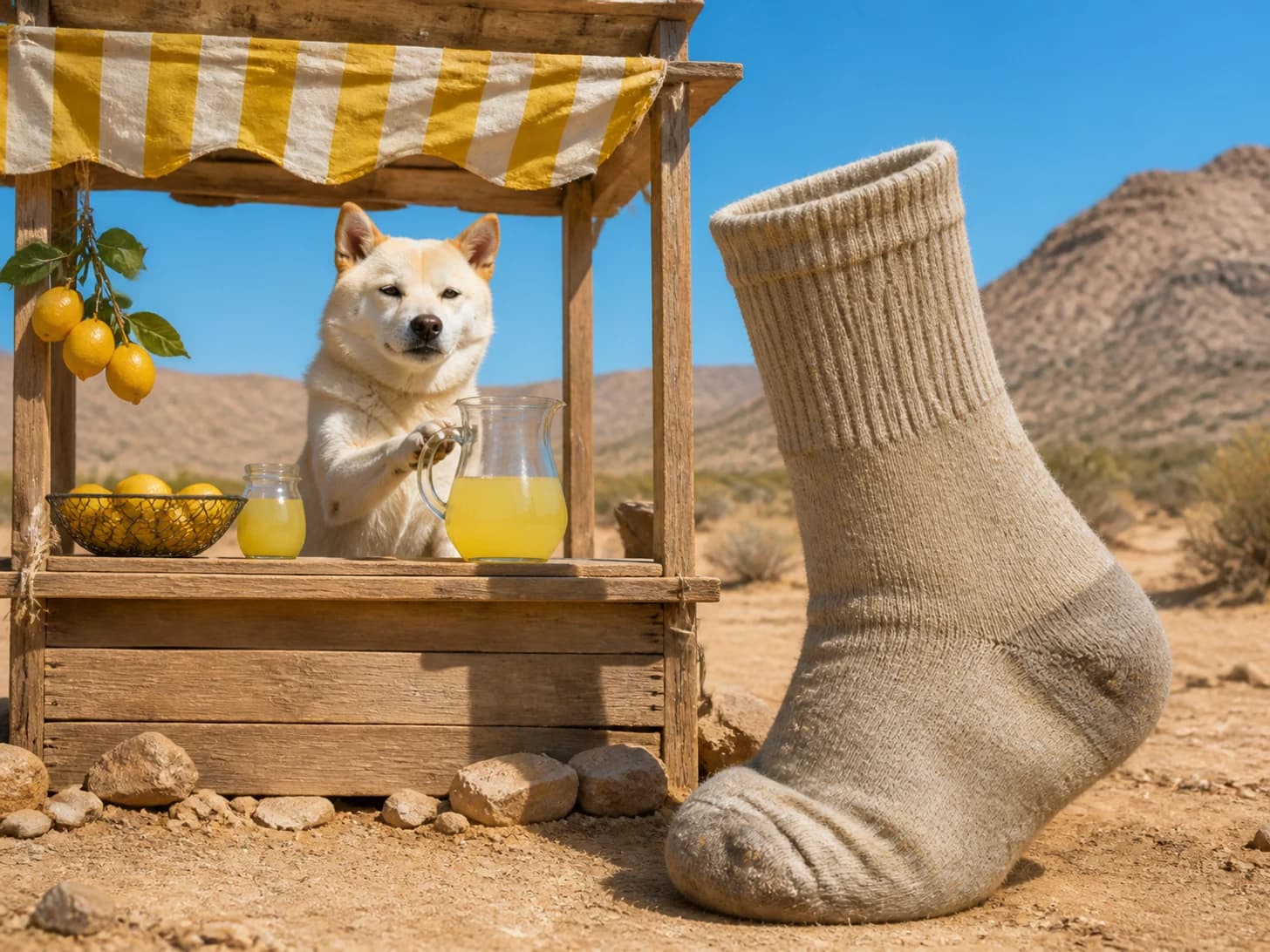 Waffles was promoted to ambitious roadside lemonade vendor; unfortunately, a single enormous sock appears without explanation.