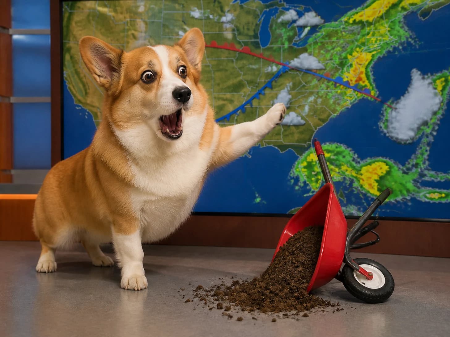 Blini was promoted to weather forecaster surprised by its own forecast; unfortunately, a toy wheelbarrow tips at the worst moment.