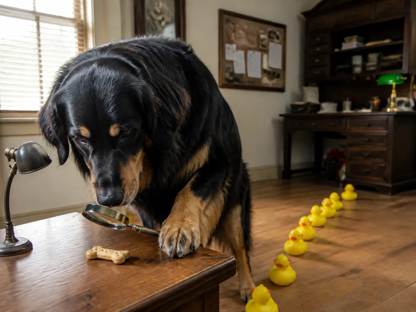 Sorrel II was promoted to detective examining one suspicious biscuit; unfortunately, a parade of rubber ducks heads the wrong way.