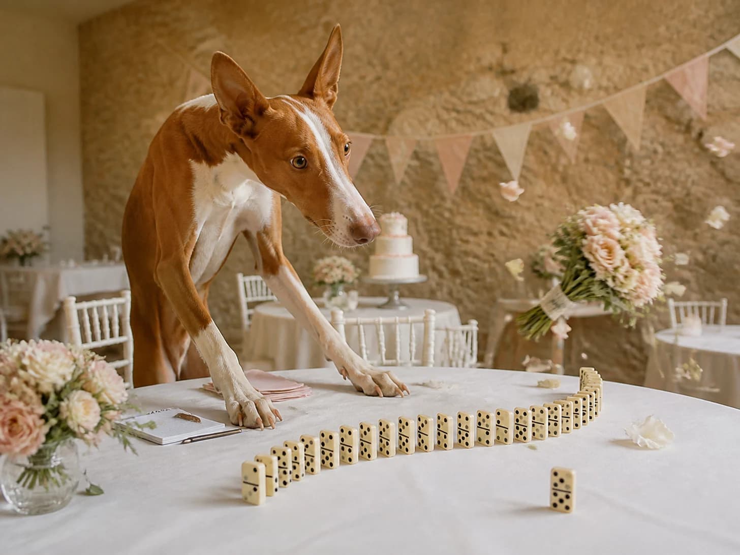 Vetch was promoted to wedding planner facing a runaway bouquet; unfortunately, a domino line stops one piece before the finish.