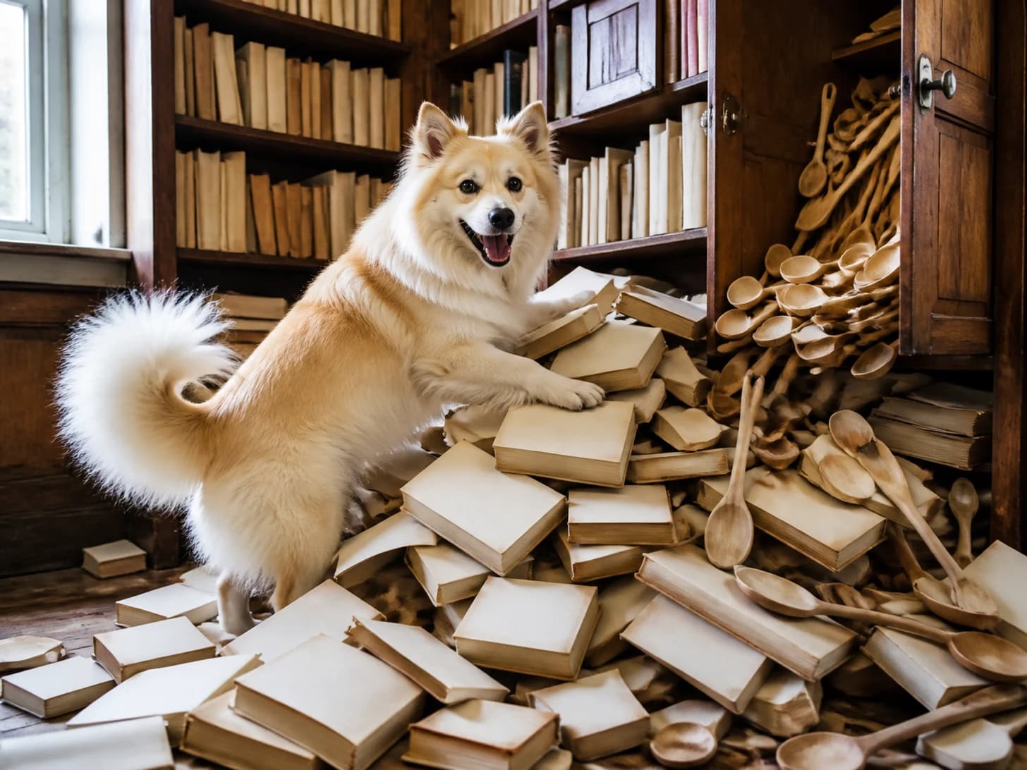 Heather II was promoted to librarian managing an avalanche of blank books; unfortunately, a heap of wooden spoons spills from a cupboard.
