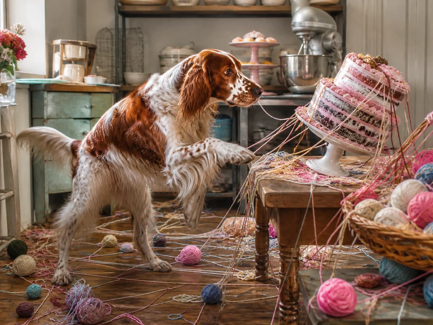 Custard III was promoted to pastry chef confronting a leaning cake; unfortunately, a basket of yarn unravels around everything.
