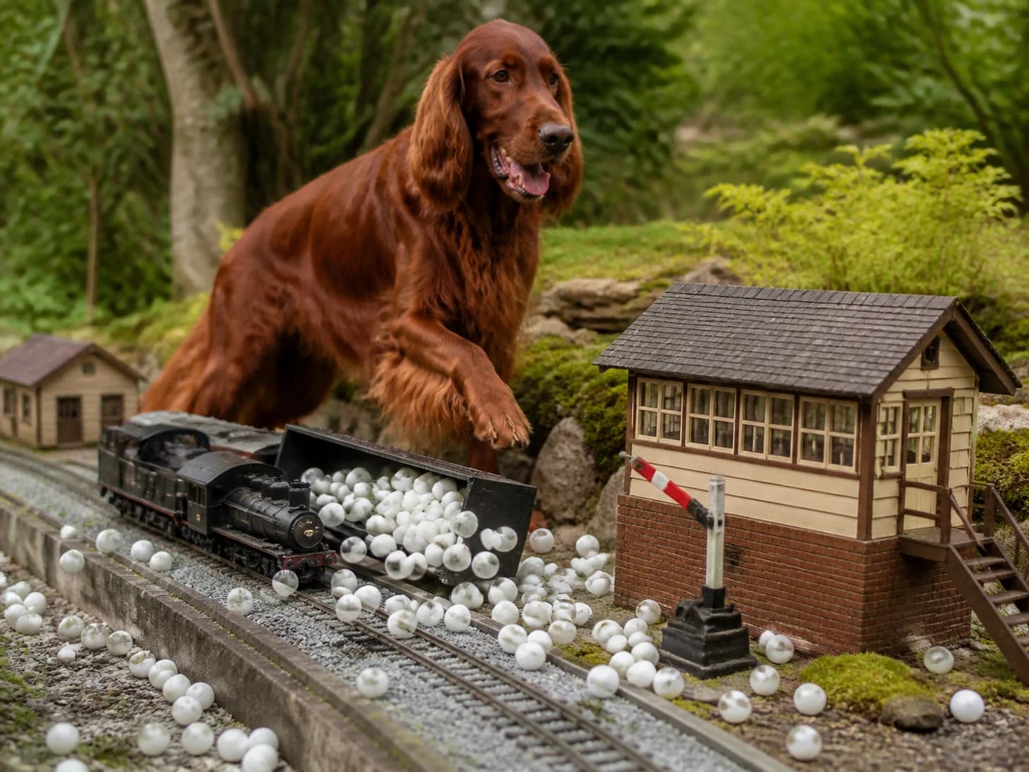 Kasha II was promoted to train dispatcher handling one tiny late train; unfortunately, dozens of ping-pong balls escape at once.