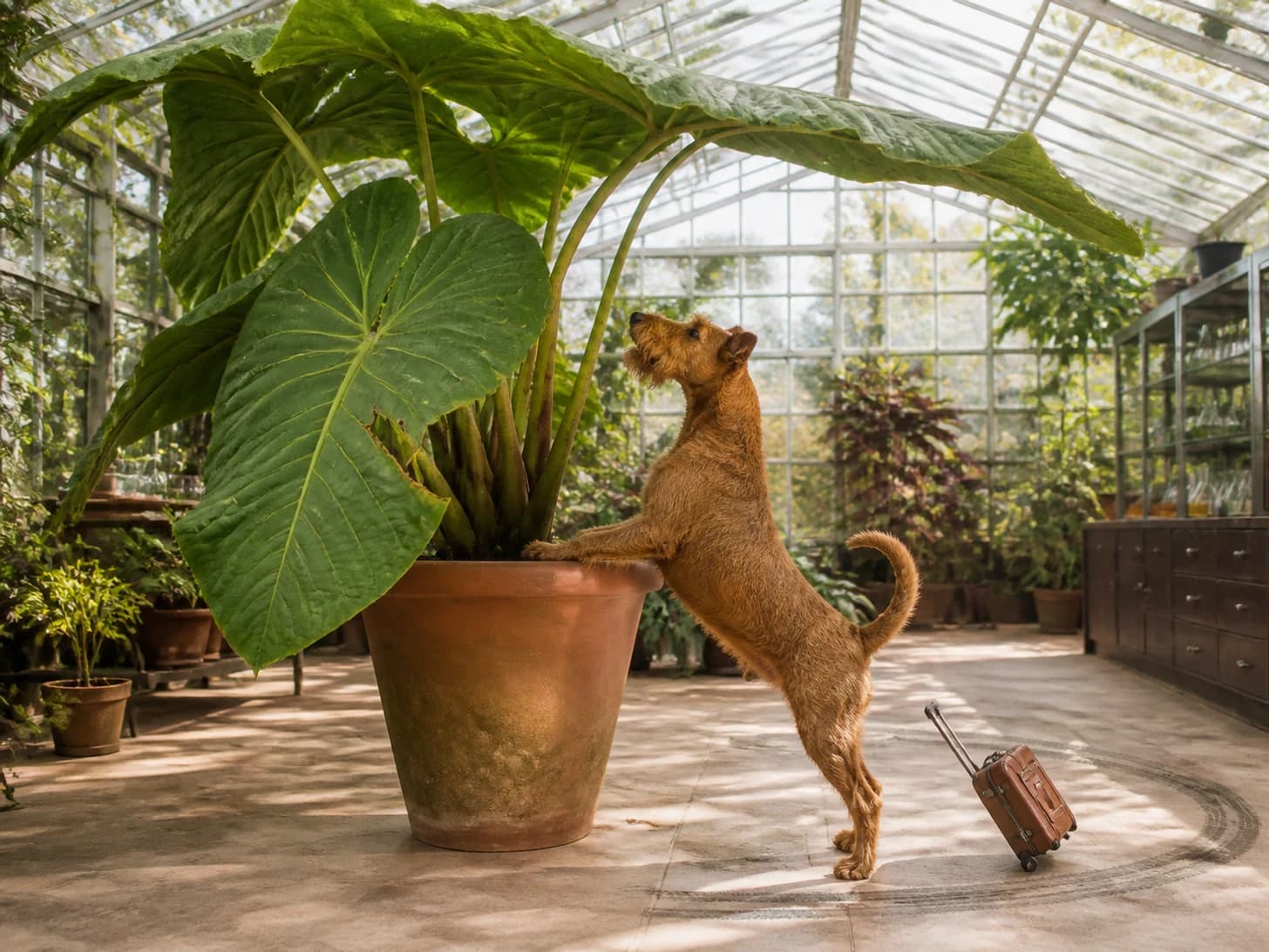 Barley was promoted to botanist studying an absurdly large houseplant; unfortunately, one toy suitcase circles endlessly.
