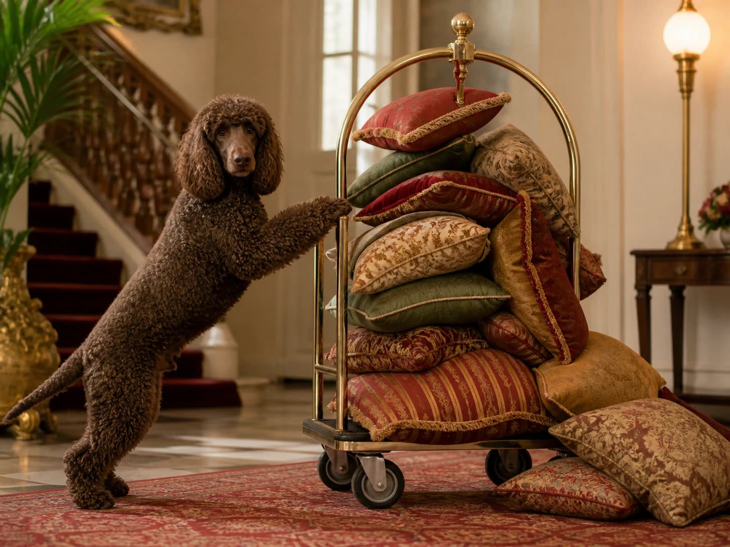 Sesame II was promoted to hotel concierge receiving impossible luggage; unfortunately, a pile of cushions slowly topples.