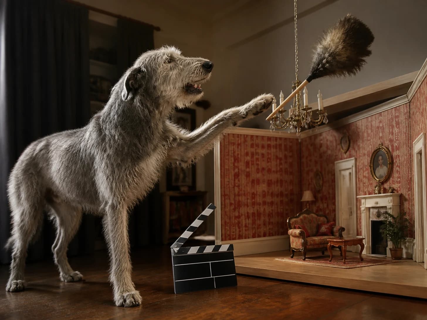 Dumpling IV was promoted to film director frustrated with a toy clapperboard; unfortunately, a feather duster gets stuck in a tiny chandelier.