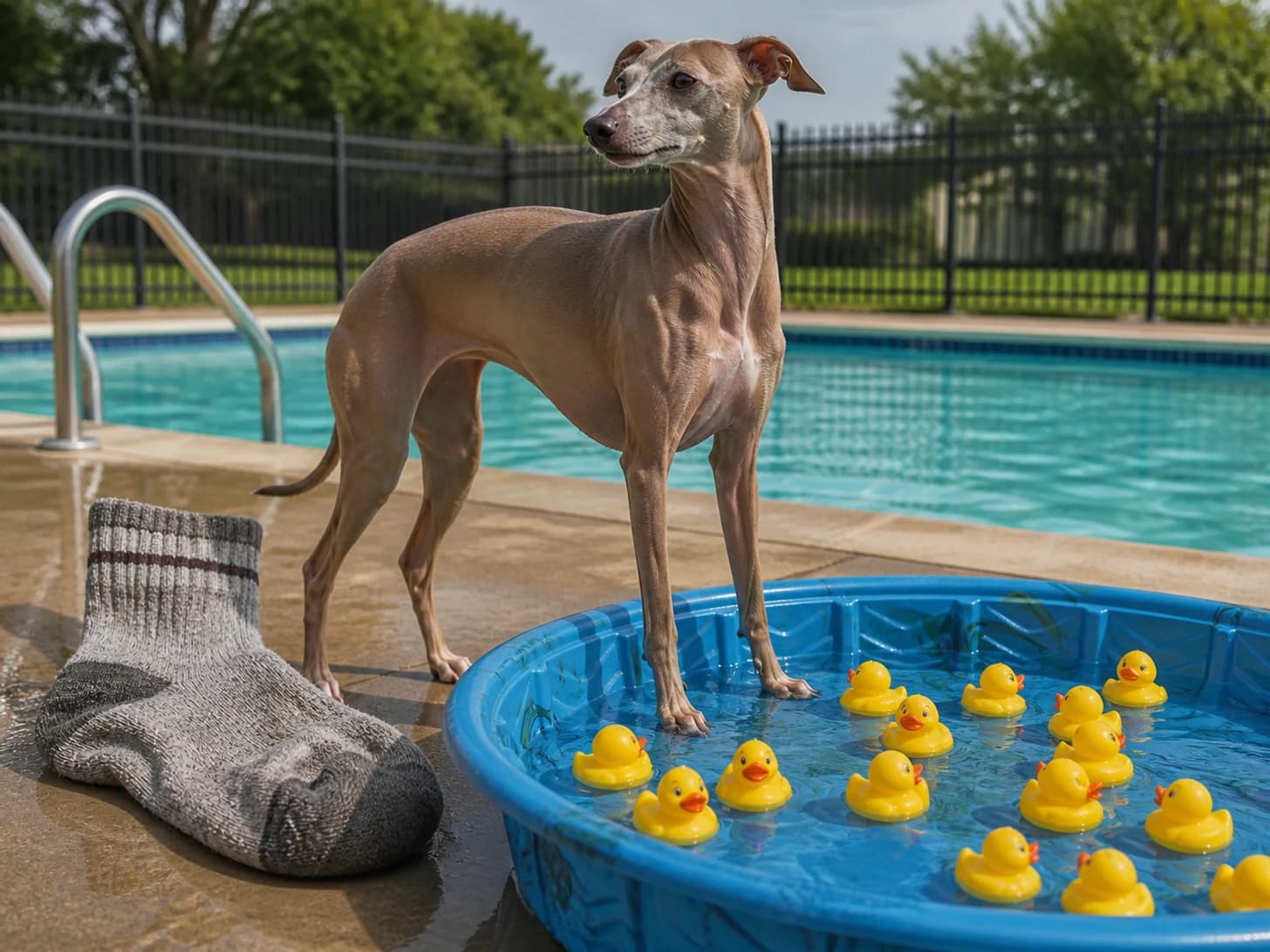 Radish II was promoted to lifeguard supervising a paddling pool for rubber ducks; unfortunately, a single enormous sock appears without explanation.