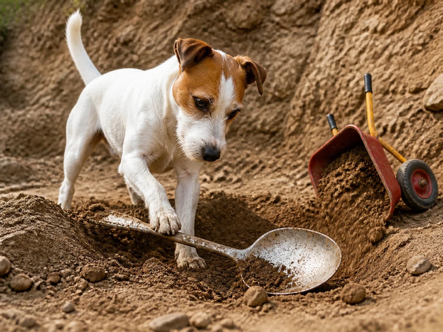 Blini II was promoted to archaeologist uncovering a giant spoon; unfortunately, a toy wheelbarrow tips at the worst moment.