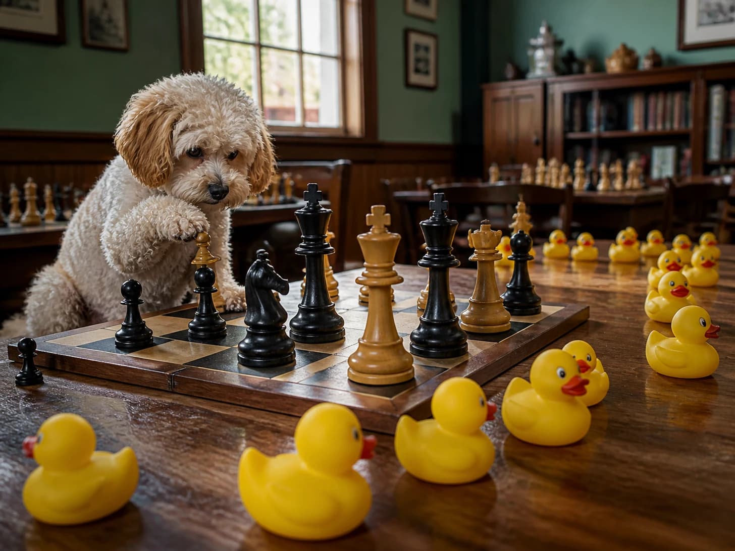Sesame III was promoted to chess champion facing pieces taller than itself; unfortunately, a parade of rubber ducks heads the wrong way.