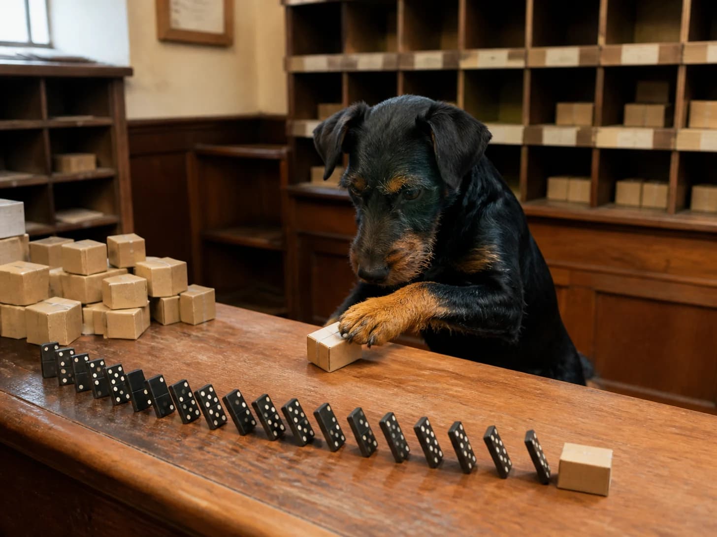 Clemence III was promoted to post-office clerk sorting blank miniature parcels; unfortunately, a domino line stops one piece before the finish.