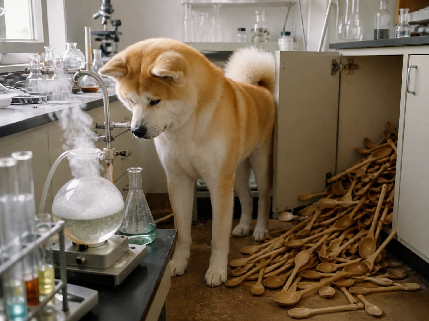 Hazel II was promoted to scientist monitoring a bubbling but harmless experiment; unfortunately, a heap of wooden spoons spills from a cupboard.