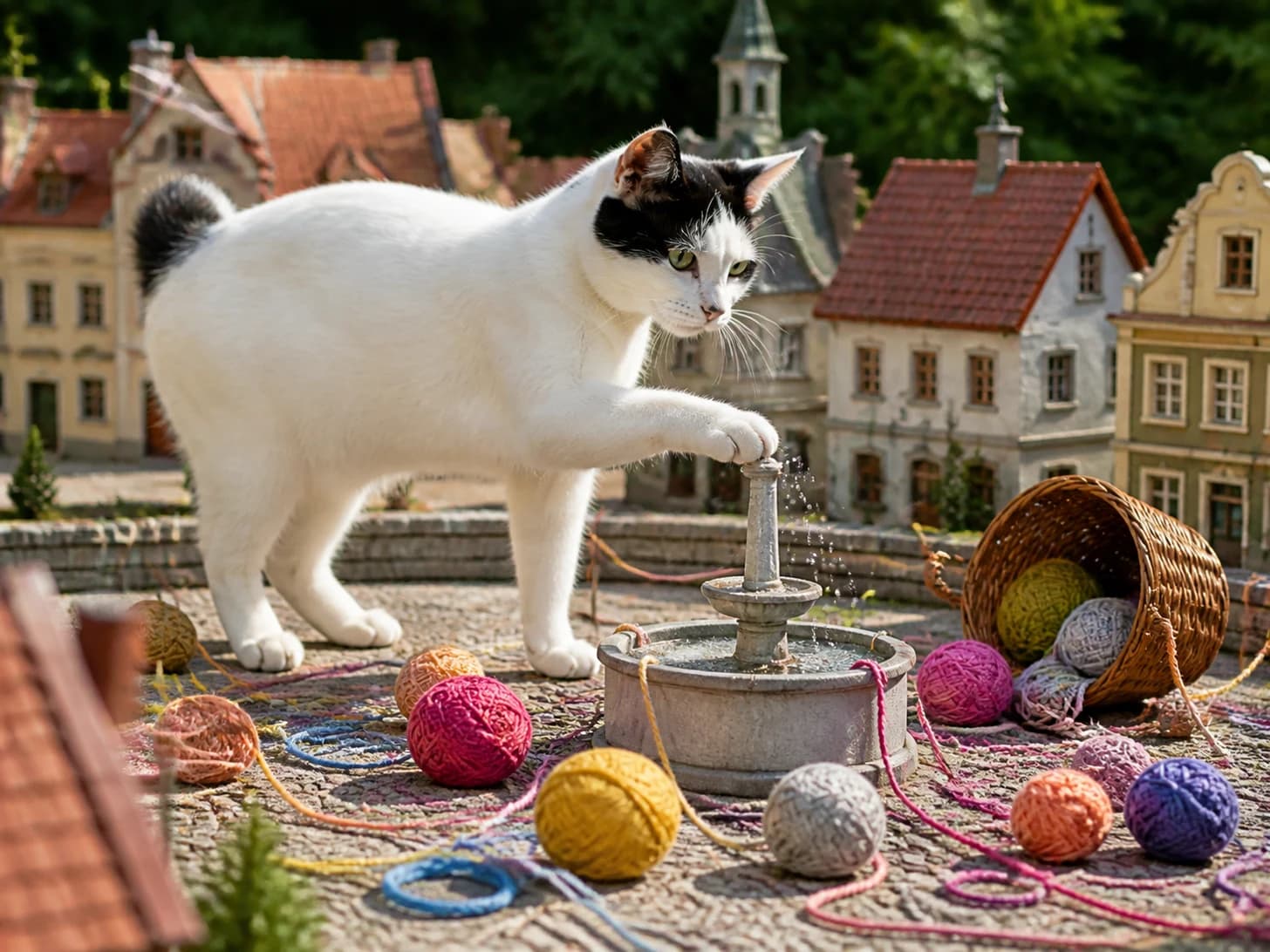 Tarragon was promoted to mayor opening a very small fountain; unfortunately, a basket of yarn unravels around everything.