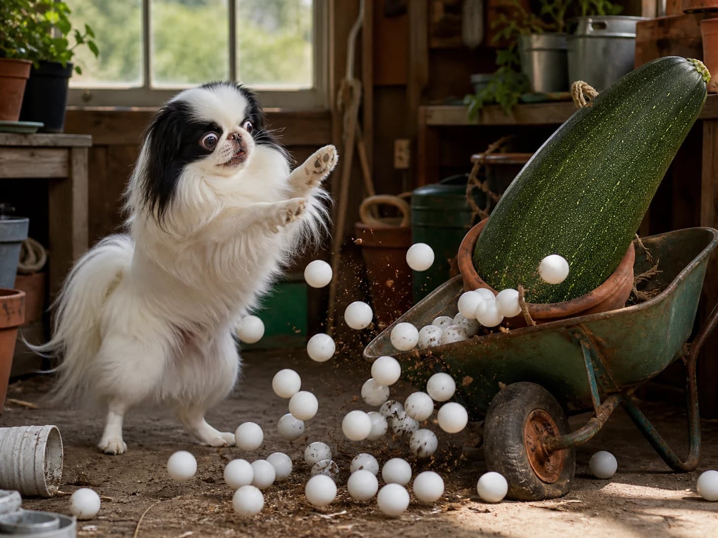 Kestrel II was promoted to gardener confronting a wheelbarrow full of one enormous vegetable; unfortunately, dozens of ping-pong balls escape at once.