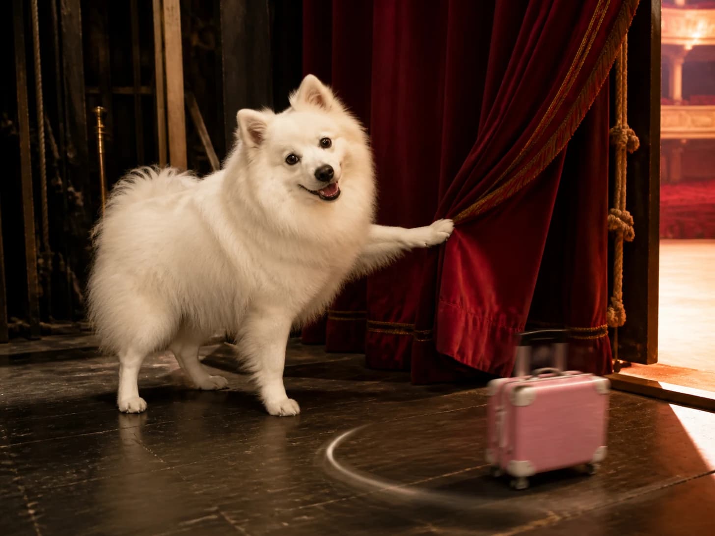 Halibut II was promoted to stage manager during a curtain emergency; unfortunately, one toy suitcase circles endlessly.