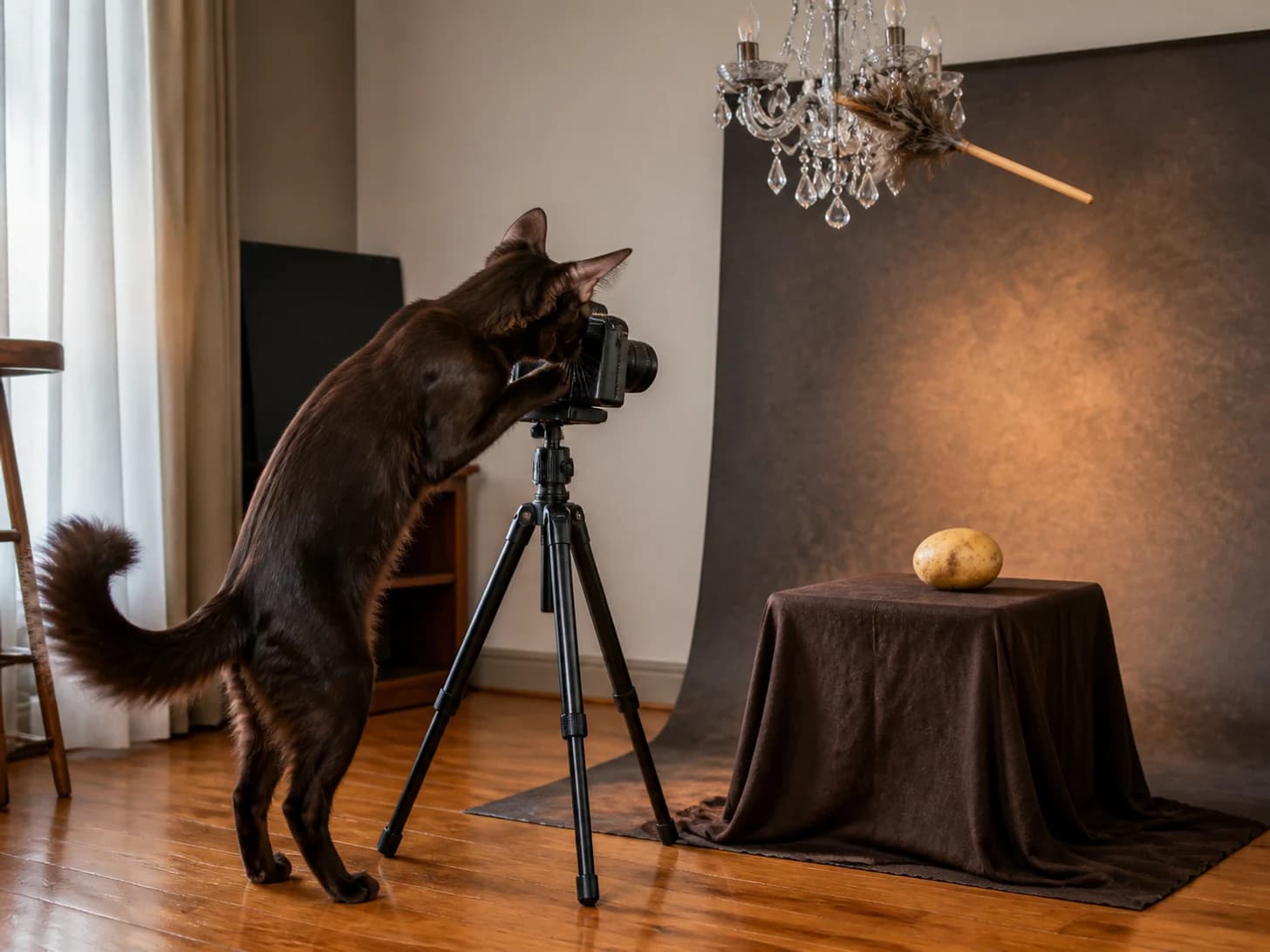 Radish III was promoted to photographer arranging a portrait of one potato; unfortunately, a feather duster gets stuck in a tiny chandelier.