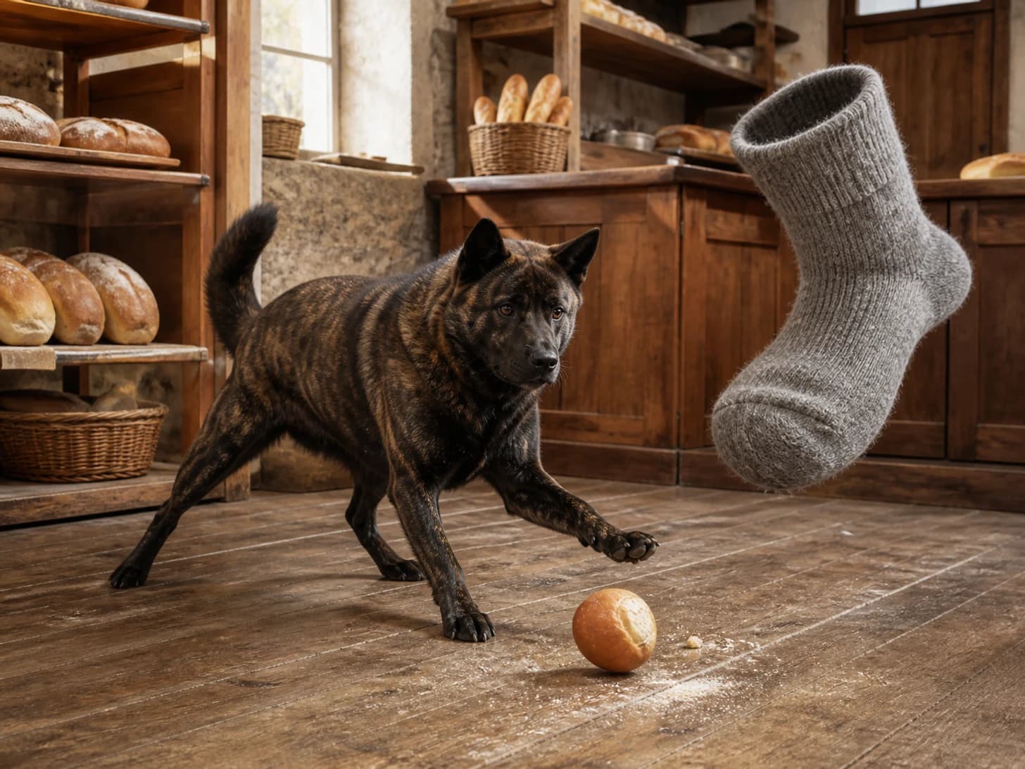 Thistle III was promoted to baker guarding a runaway bread roll; unfortunately, a single enormous sock appears without explanation.