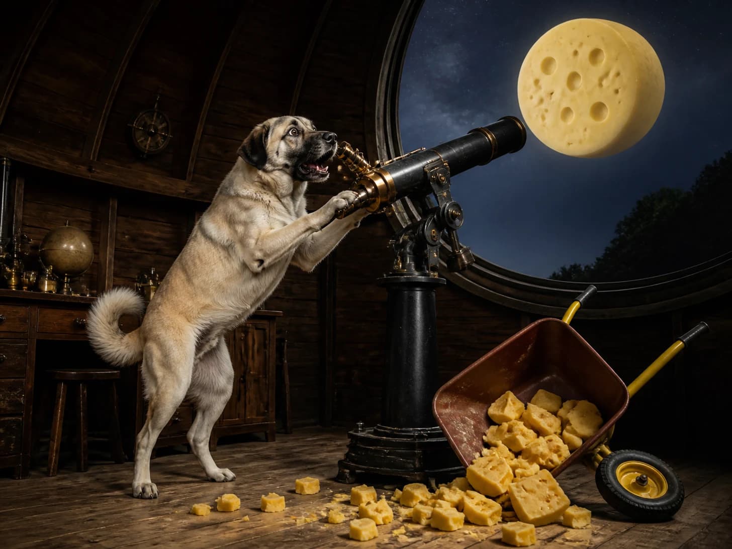Kiwi II was promoted to astronomer discovering that the moon is a cheese wheel; unfortunately, a toy wheelbarrow tips at the worst moment.