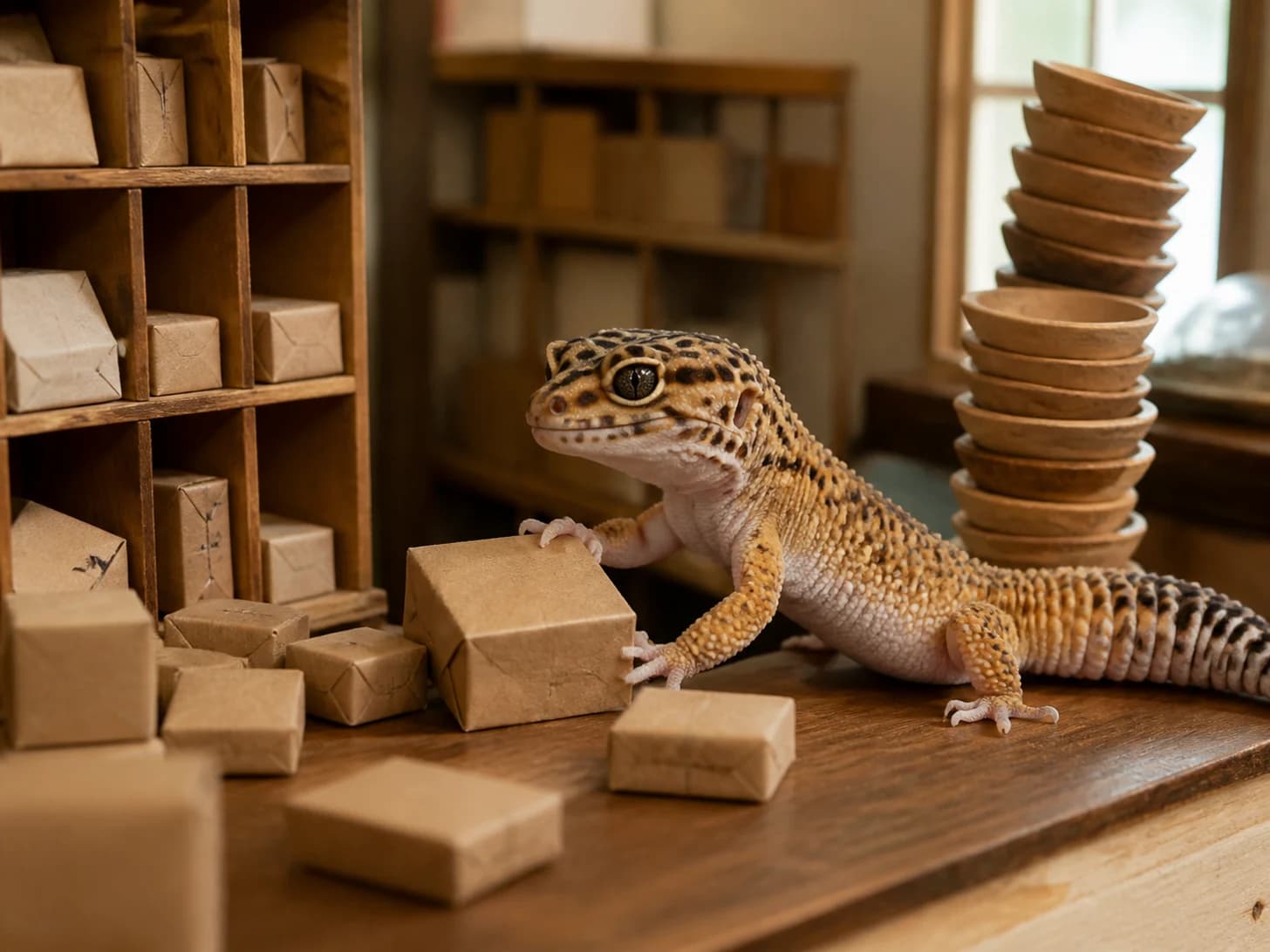 Semolina was promoted to post-office clerk sorting blank miniature parcels; unfortunately, a stack of empty bowls wobbles dangerously.