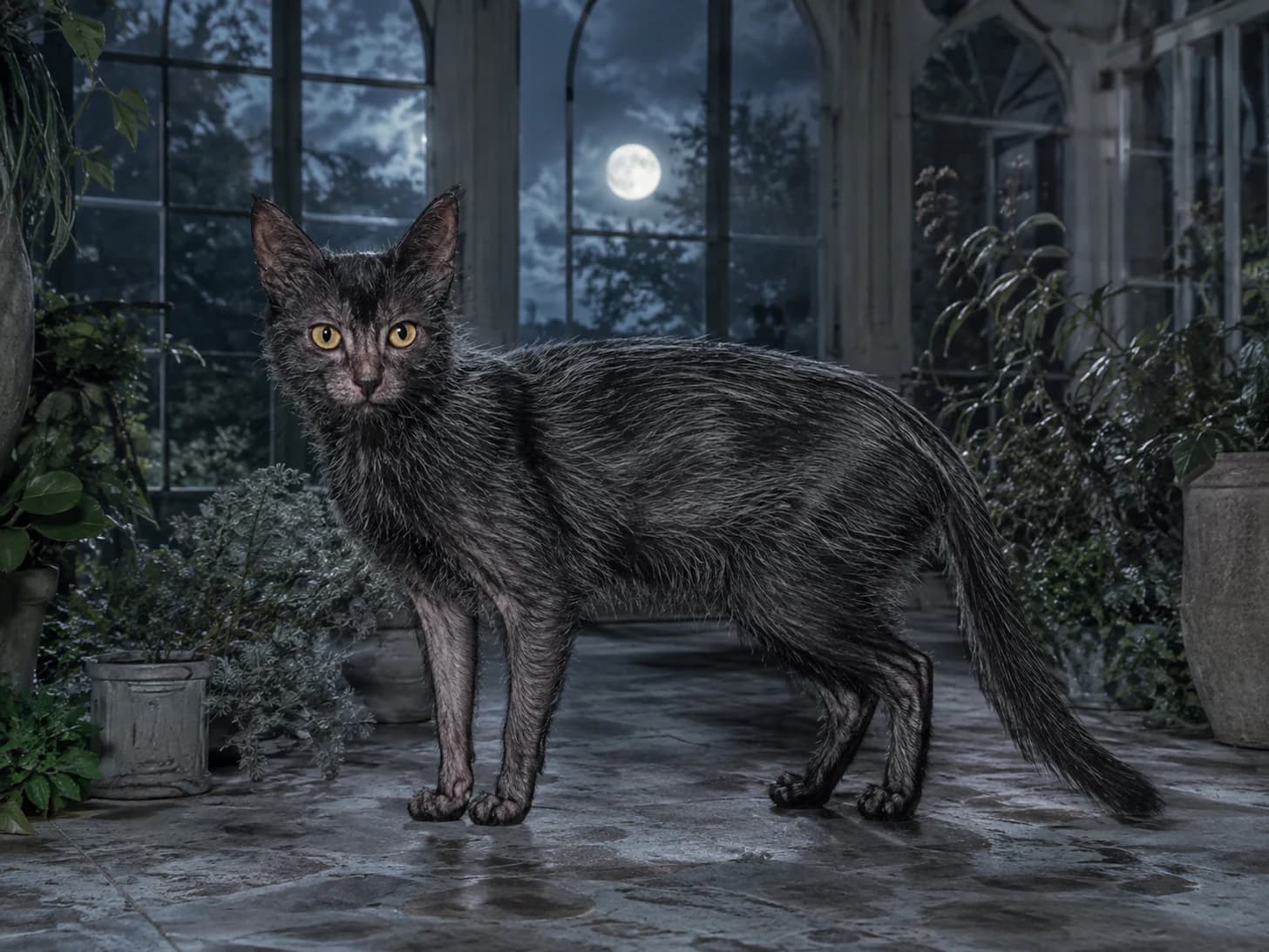 Nox walks the glasshouse under a full moon and I have given up explaining him to guests.