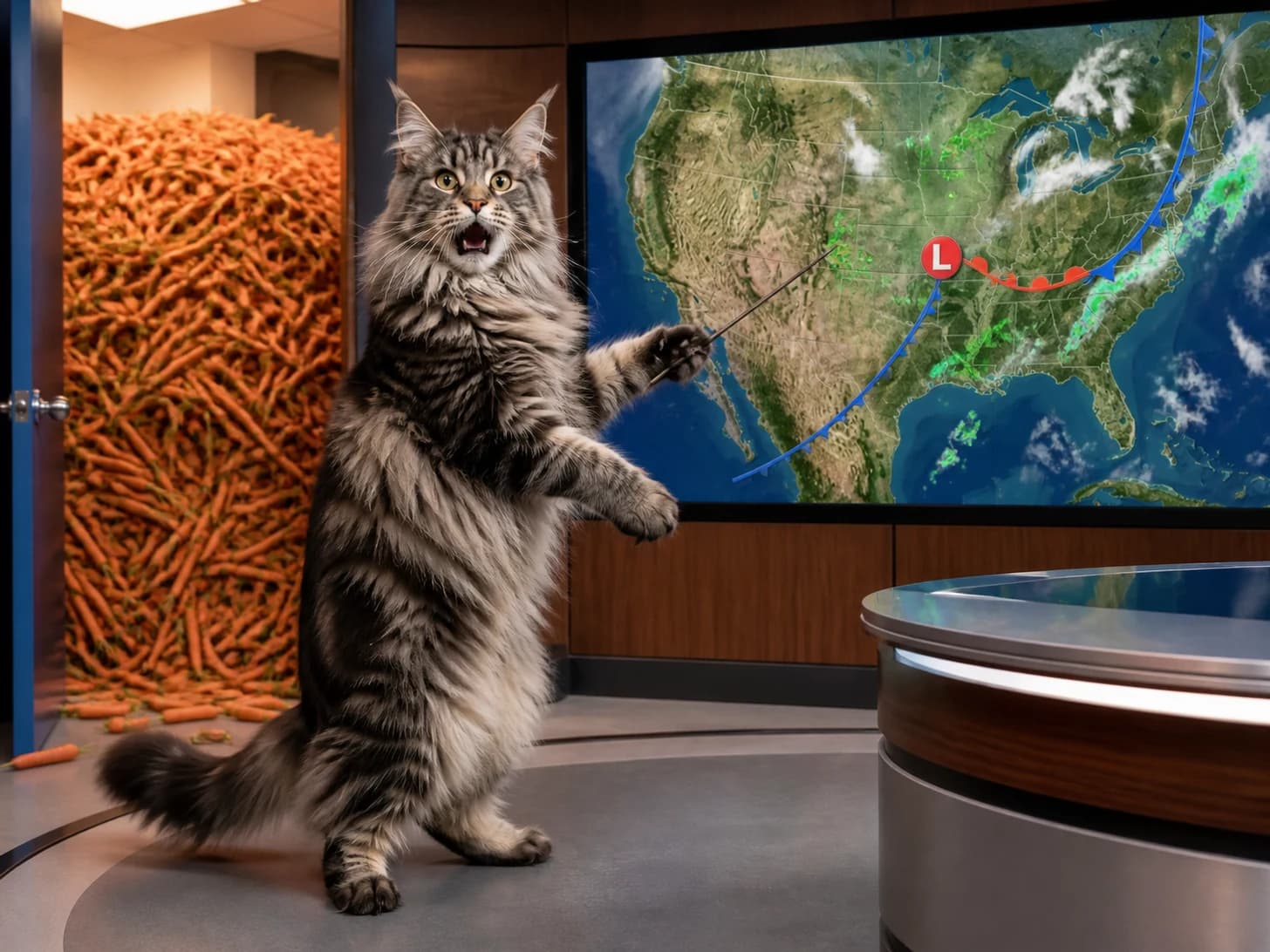 Barnaby was promoted to weather forecaster surprised by its own forecast; unfortunately, a mountain of carrots blocks the doorway.