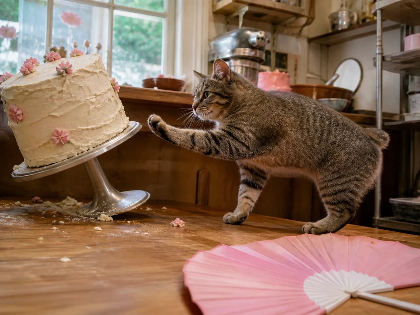 Custard IV was promoted to pastry chef confronting a leaning cake; unfortunately, a paper fan unfolds across the floor.