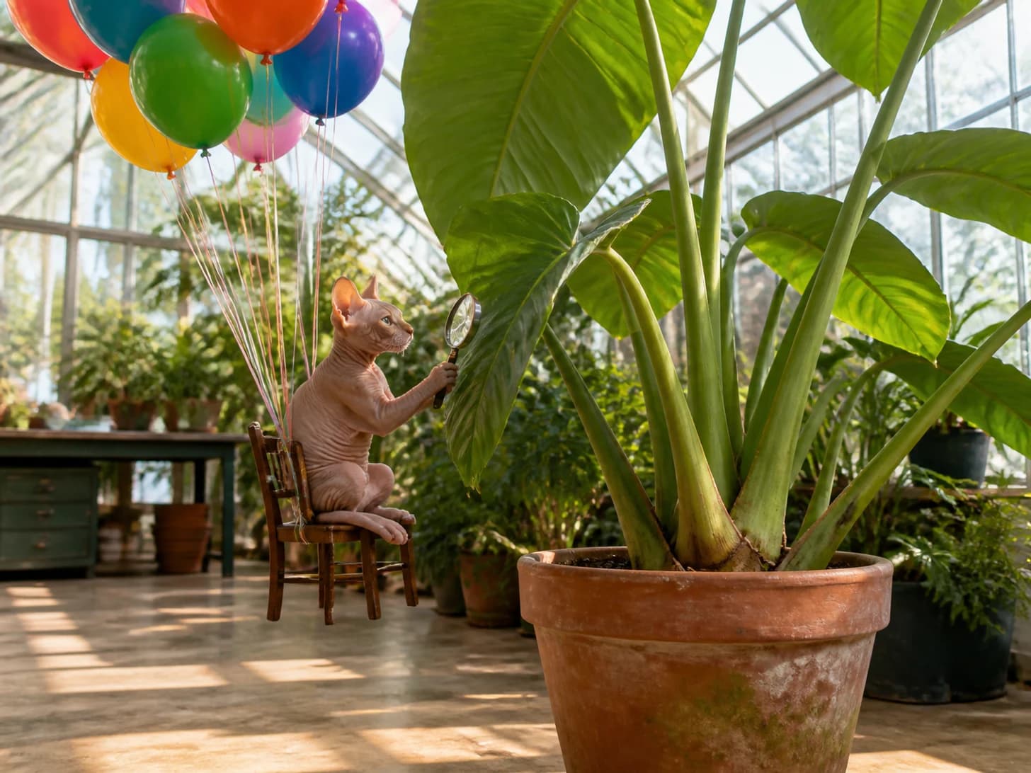Rosemary V was promoted to botanist studying an absurdly large houseplant; unfortunately, a balloon bouquet pulls a tiny chair upward.