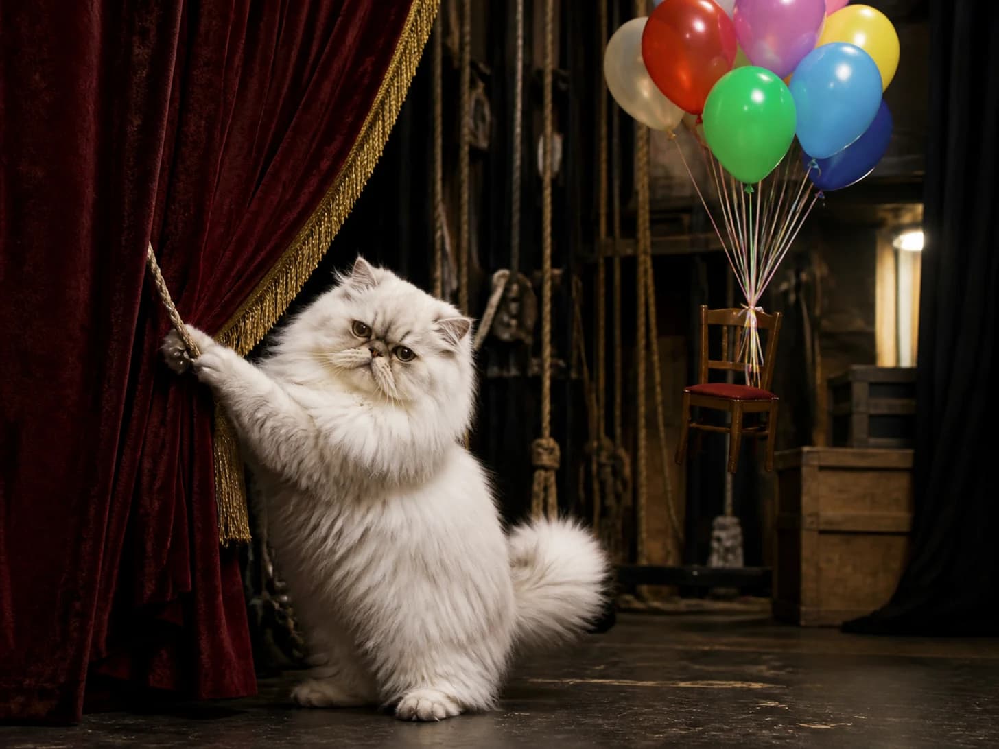 Poppy was promoted to stage manager during a curtain emergency; unfortunately, a balloon bouquet pulls a tiny chair upward.