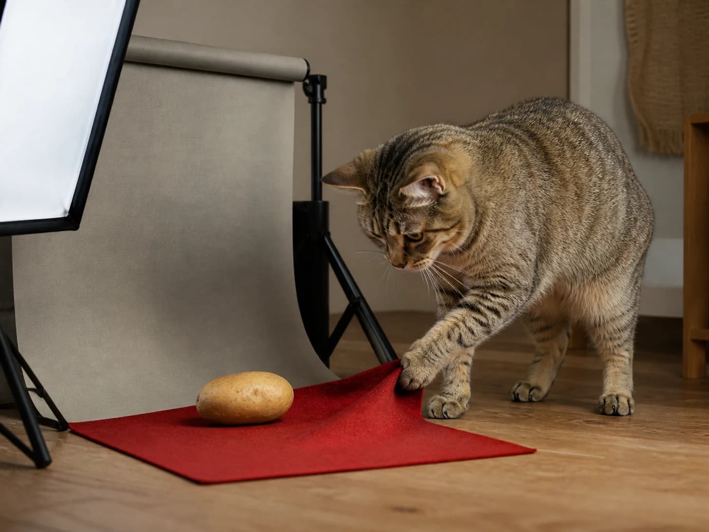 Quill was promoted to photographer arranging a portrait of one potato; unfortunately, a tiny red carpet refuses to lie flat.
