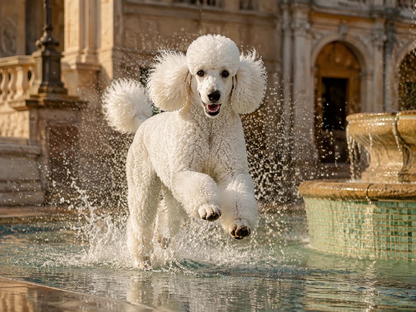 Fifi goes straight through the fountain, every time, in full coat.