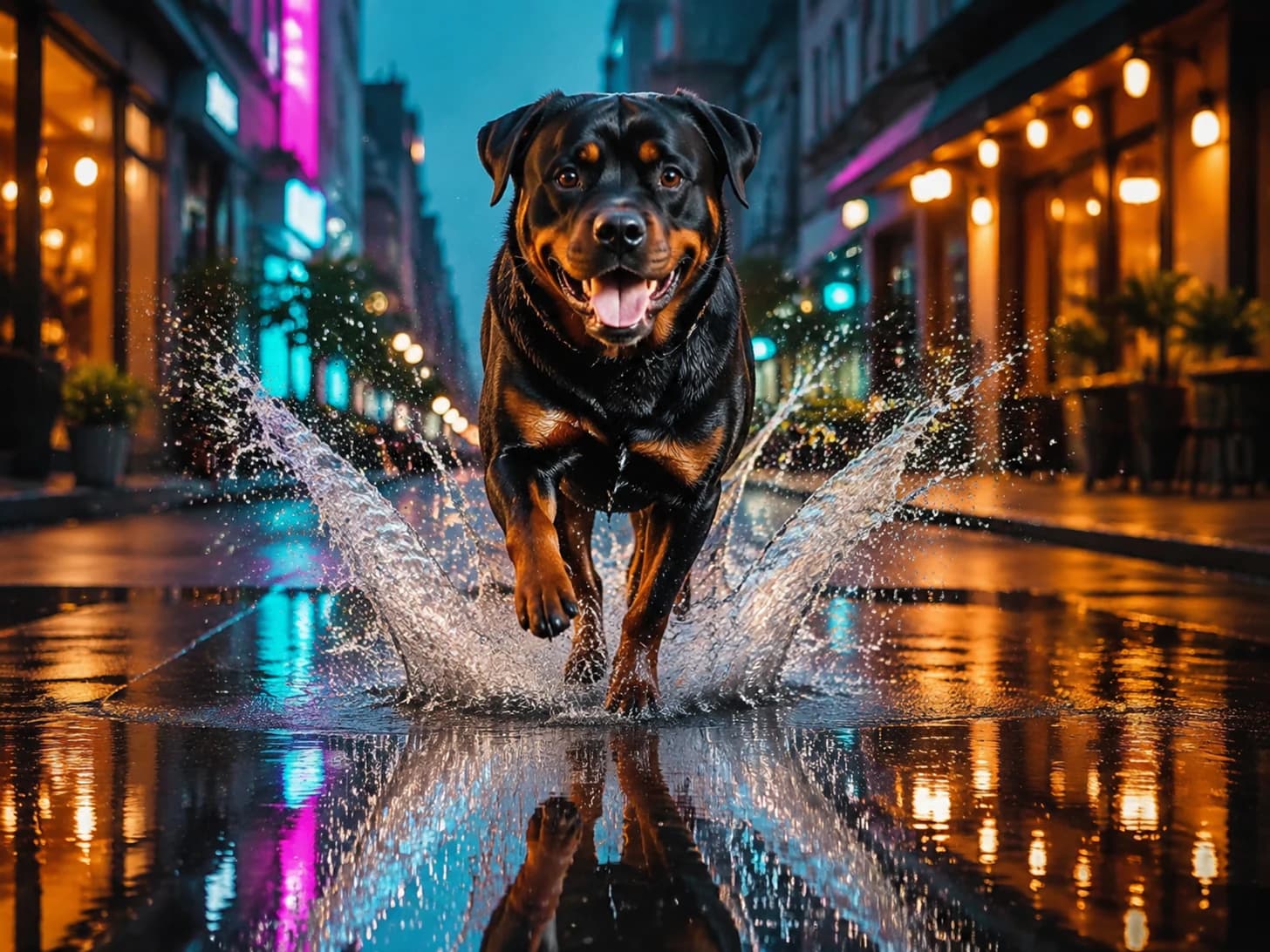 Zeus finds every puddle on the street and goes through the middle of each one.