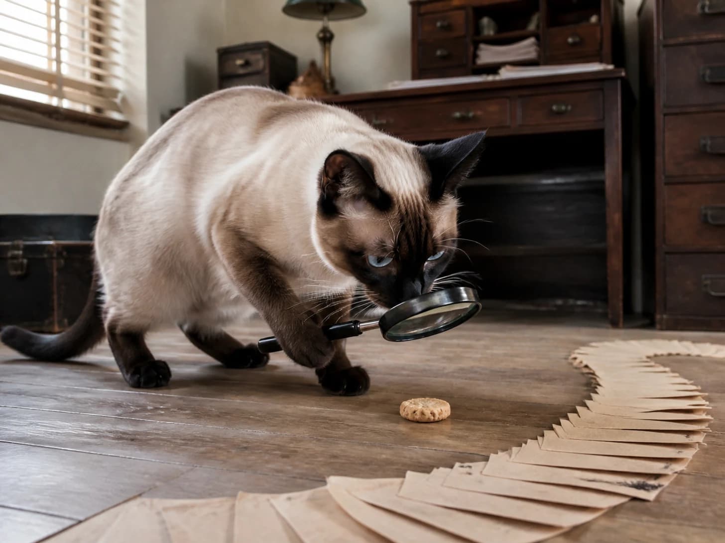 Clemence was promoted to detective examining one suspicious biscuit; unfortunately, a paper fan unfolds across the floor.