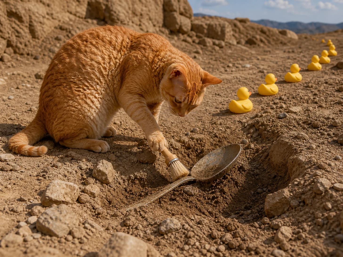 Yarrow III was promoted to archaeologist uncovering a giant spoon; unfortunately, a parade of rubber ducks heads the wrong way.