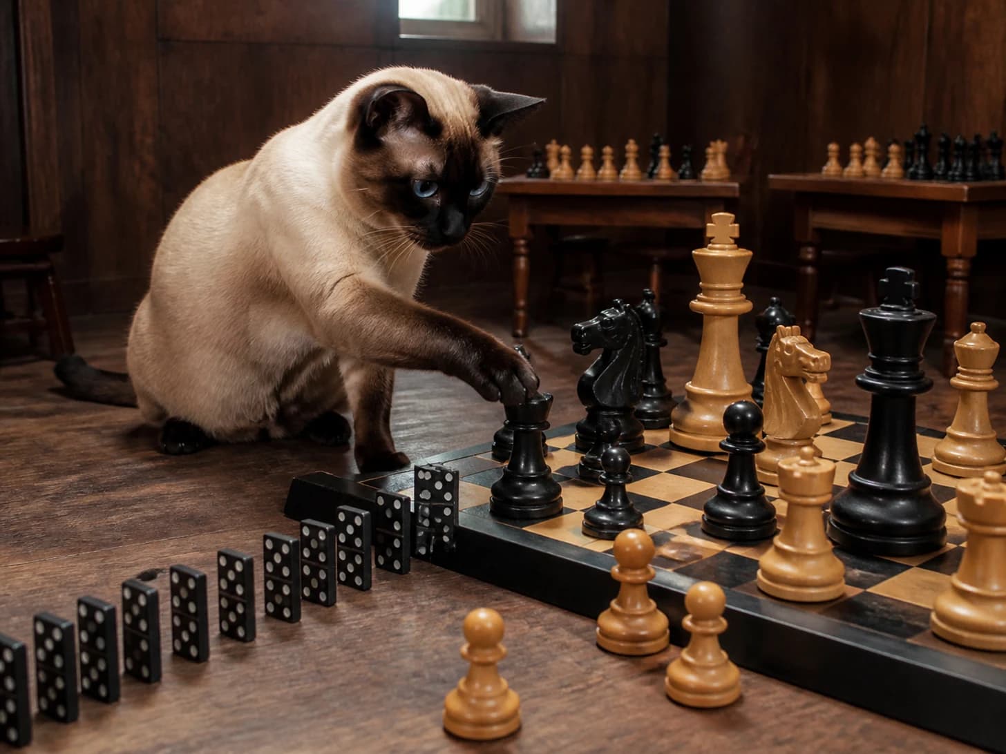 Pudding III was promoted to chess champion facing pieces taller than itself; unfortunately, a domino line stops one piece before the finish.