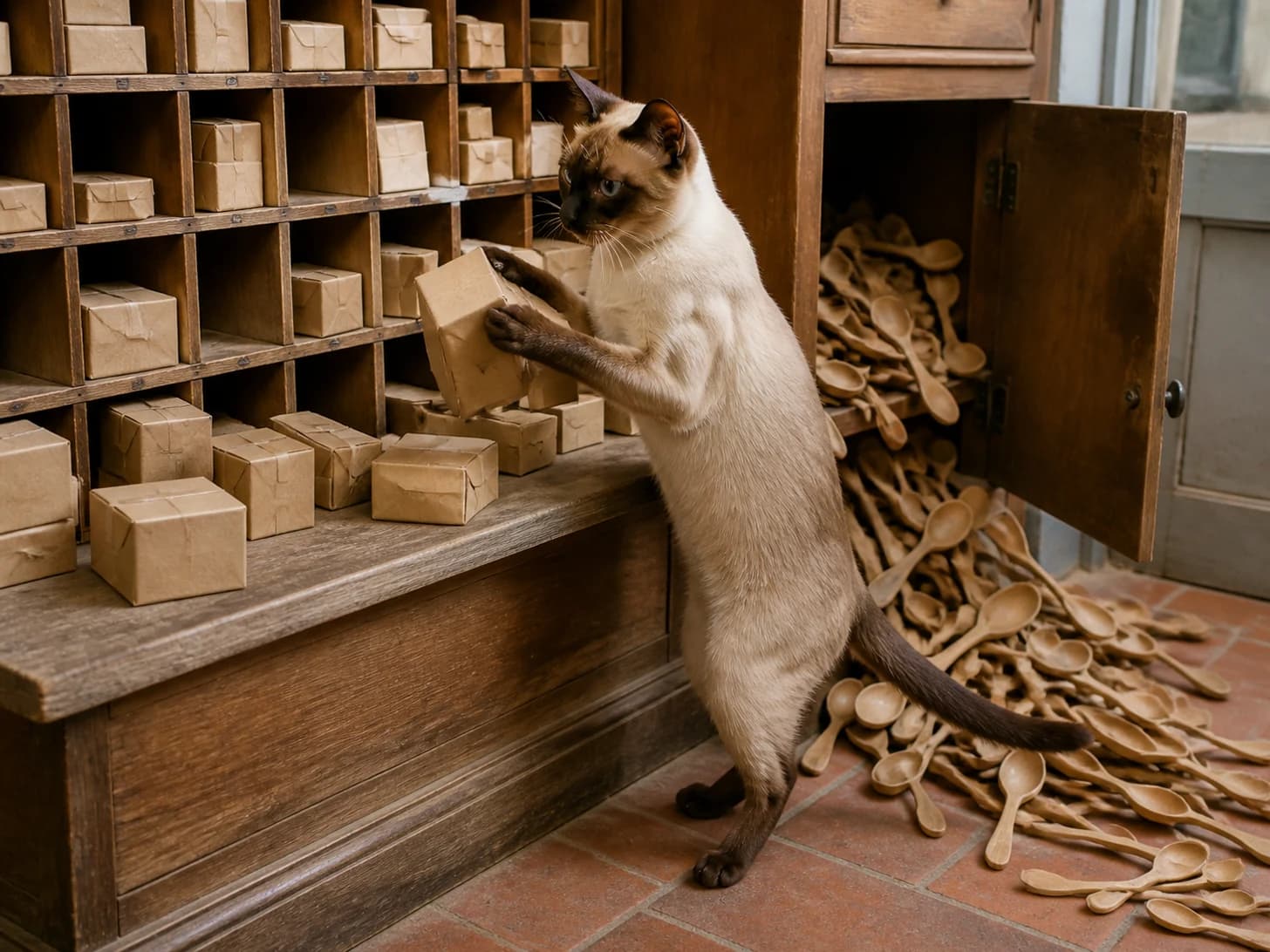 Muffin II was promoted to post-office clerk sorting blank miniature parcels; unfortunately, a heap of wooden spoons spills from a cupboard.