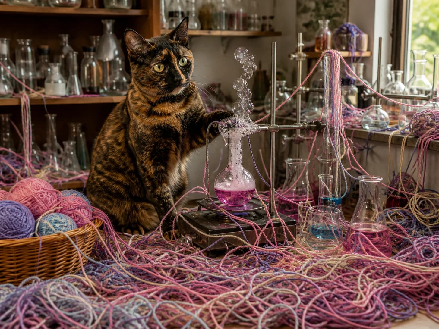 Pudding IV was promoted to scientist monitoring a bubbling but harmless experiment; unfortunately, a basket of yarn unravels around everything.