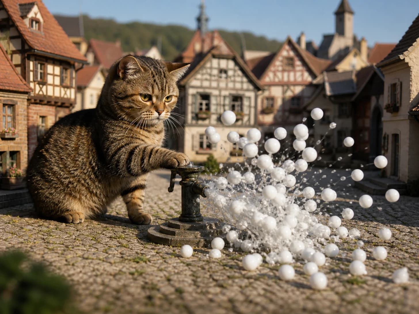 Olive II was promoted to mayor opening a very small fountain; unfortunately, dozens of ping-pong balls escape at once.