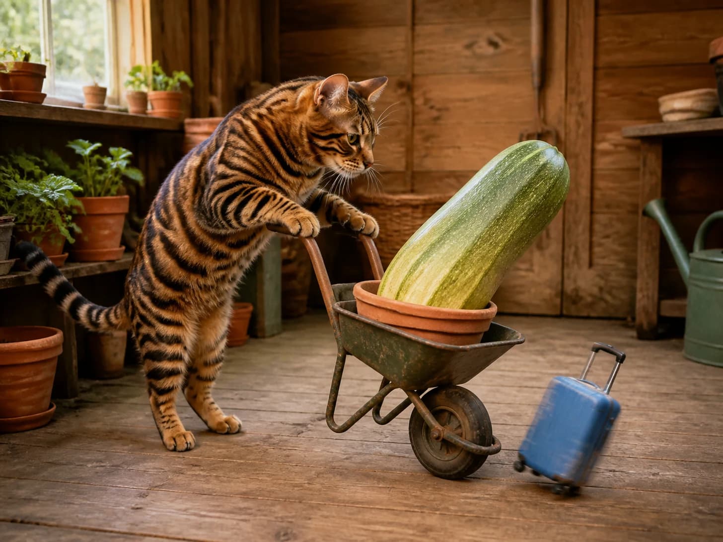 Otter III was promoted to gardener confronting a wheelbarrow full of one enormous vegetable; unfortunately, one toy suitcase circles endlessly.