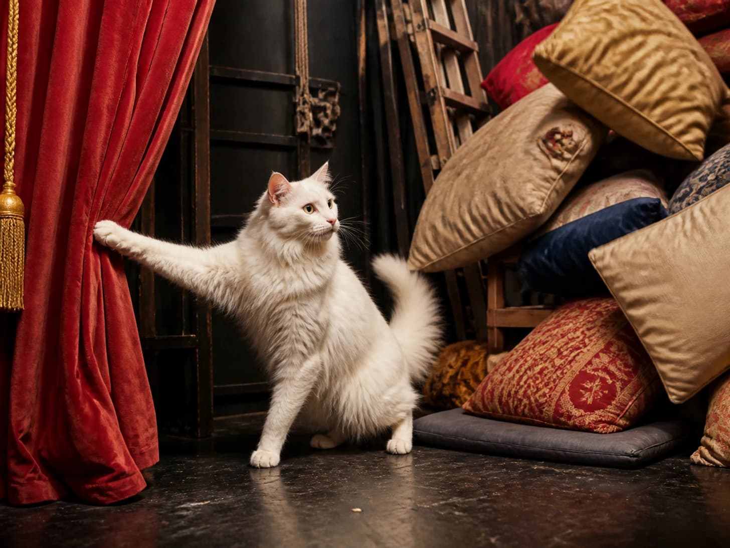 Pudding V was promoted to stage manager during a curtain emergency; unfortunately, a pile of cushions slowly topples.