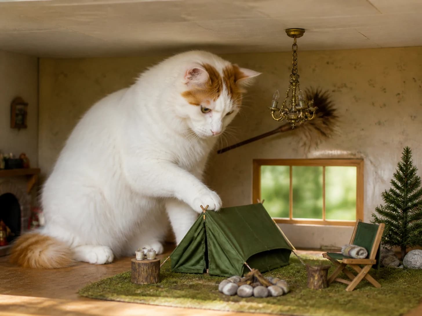 Winston II was promoted to camping guide assembling a tent much too small; unfortunately, a feather duster gets stuck in a tiny chandelier.