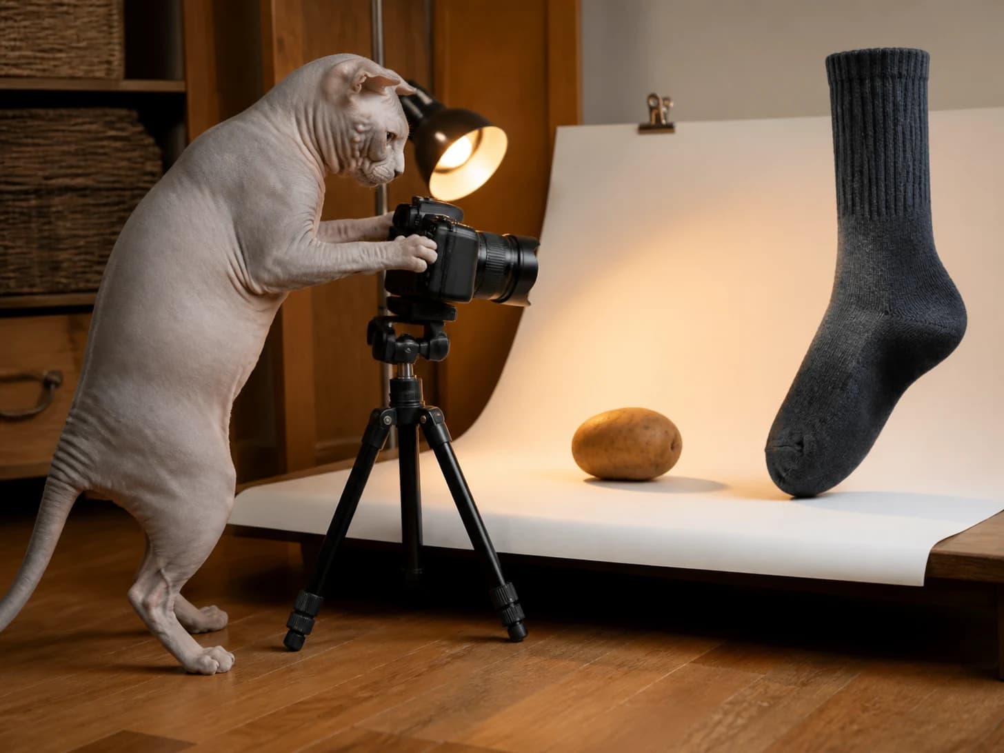 Basil IV was promoted to photographer arranging a portrait of one potato; unfortunately, a single enormous sock appears without explanation.