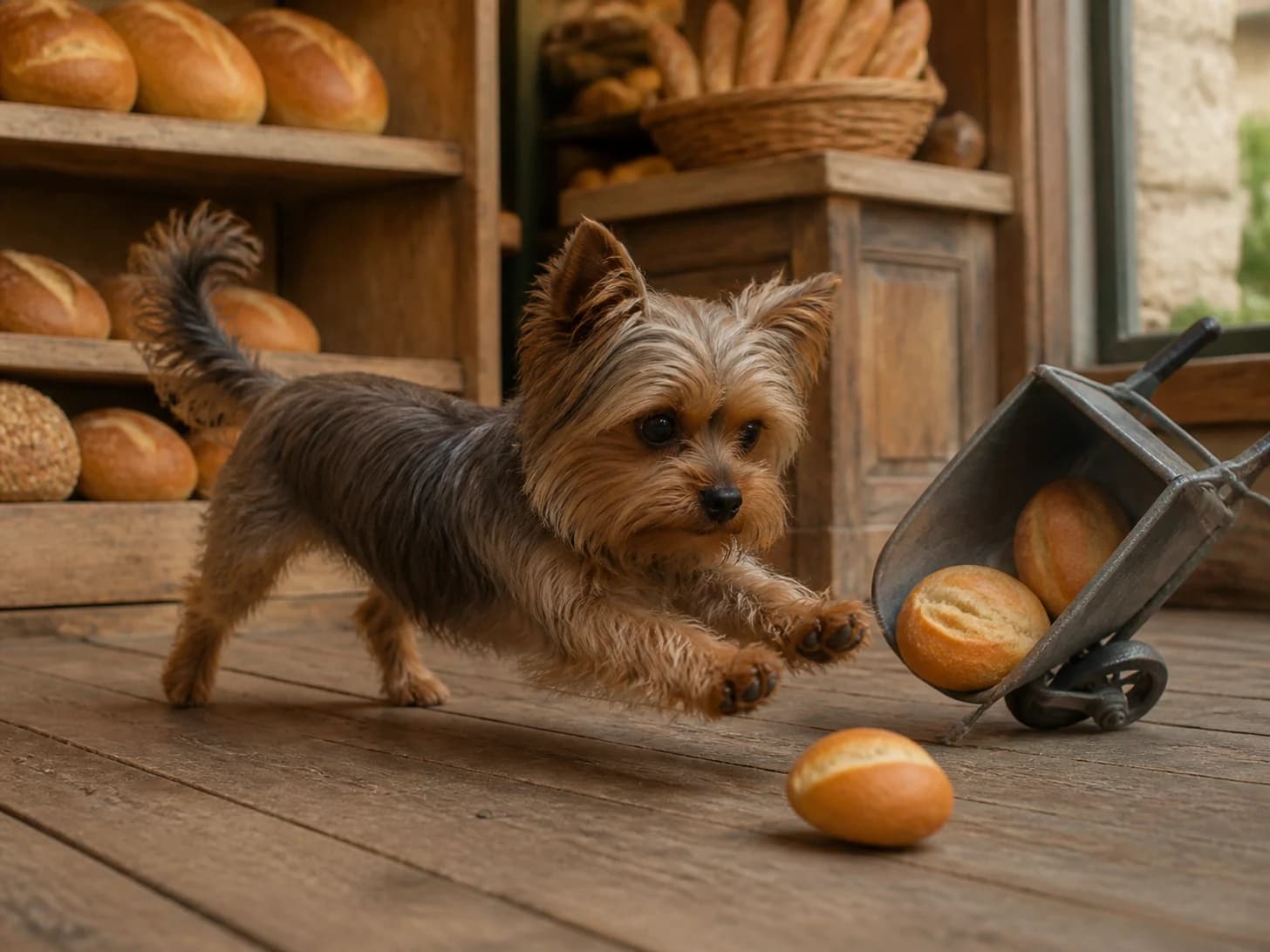 Primrose II was promoted to baker guarding a runaway bread roll; unfortunately, a toy wheelbarrow tips at the worst moment.